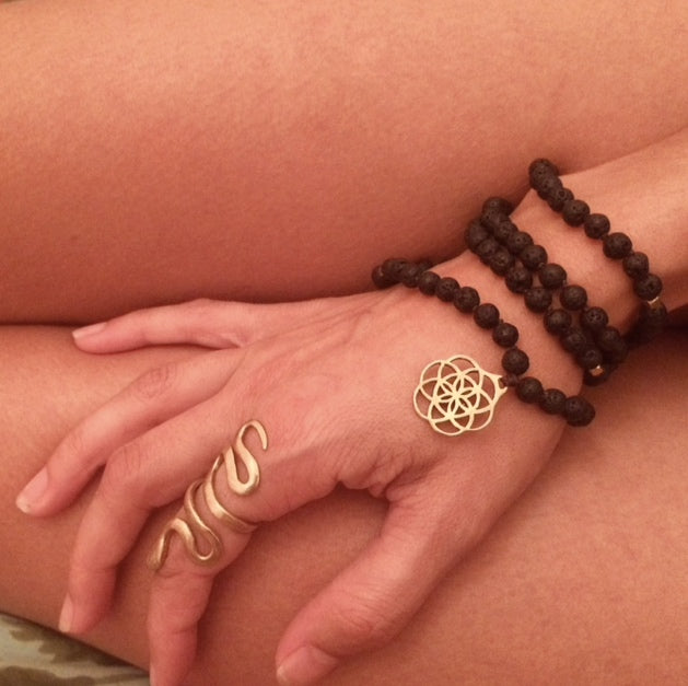 Lava Mala Beads Yoga Bracelet Brass Seed Of Life sacred geometry charm