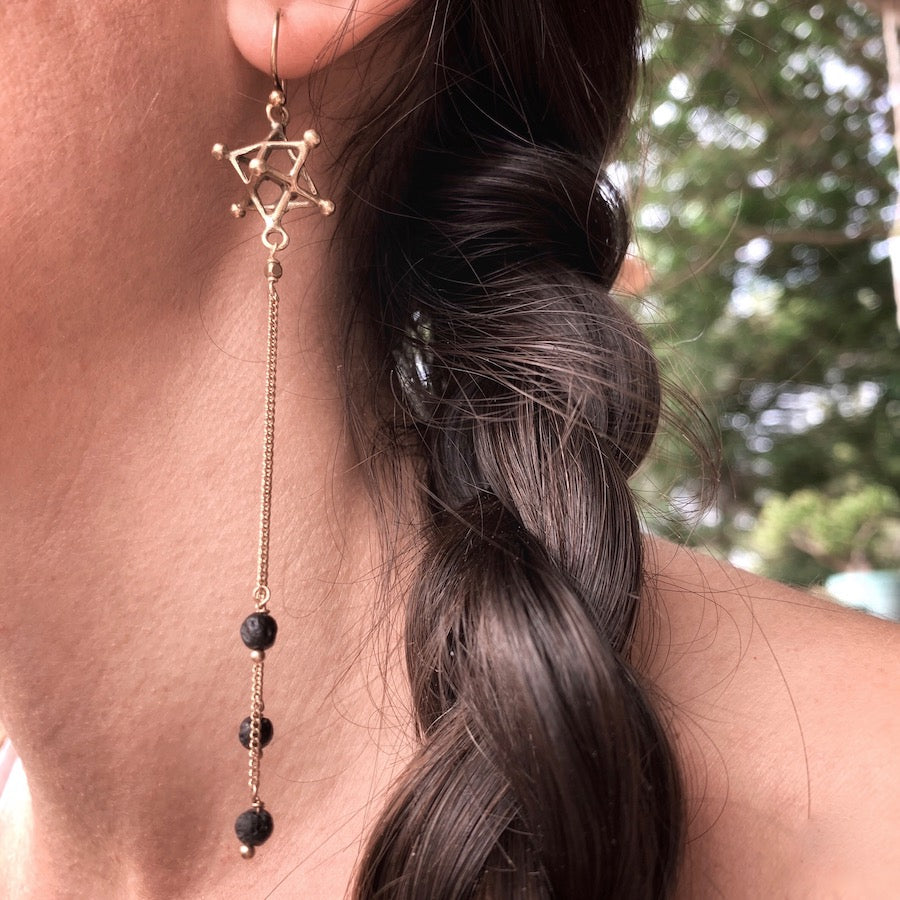 Merkaba sacred geometry Earrings brass chain & Lava Stone