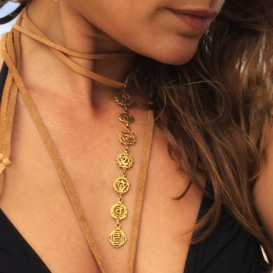 Brass Yoga Jewellery Chakra Necklace linked symbols on Suede - Heart Mala