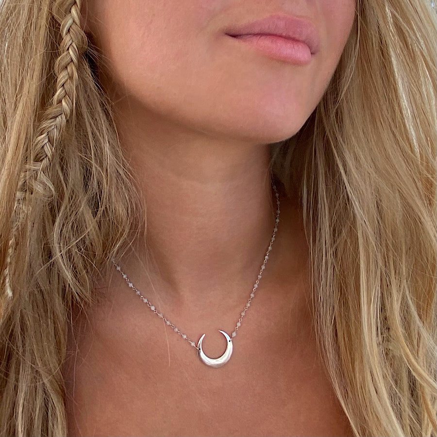 Crescent Moon pendant Sterling Silver necklace with handmade moonstone chain