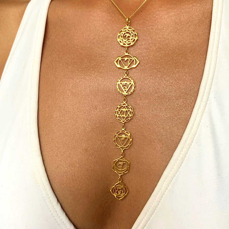 18k Gold Chakra Necklace Linked Symbols yoga necklace on chain with clear quartz