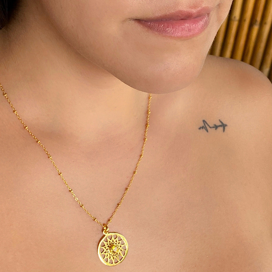 Sun sacred geometry gold necklace with citrine diamond centre