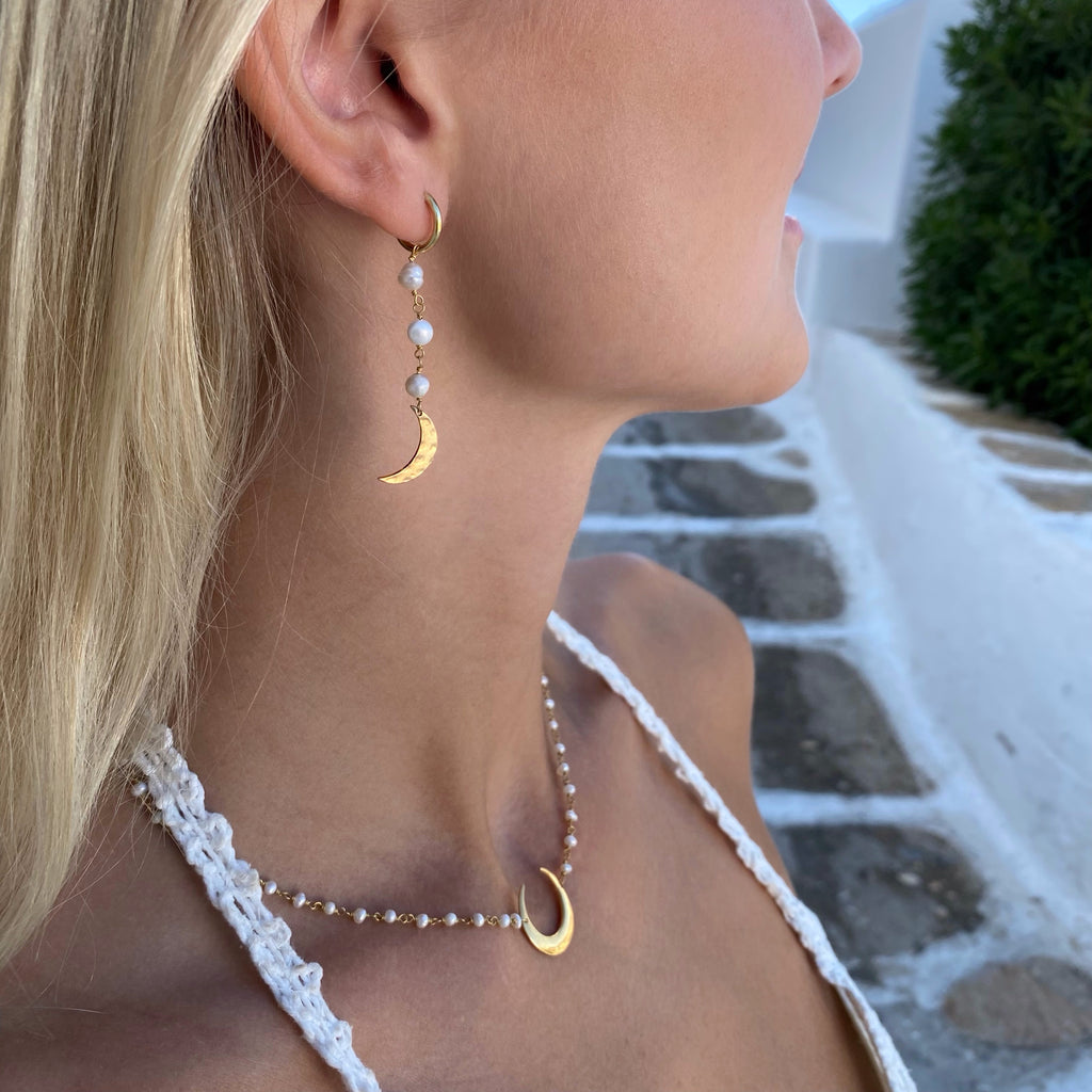 Small Hoop Earrings Crescent Moons 18k Gold plated with freshwater pearls with matching necklace 