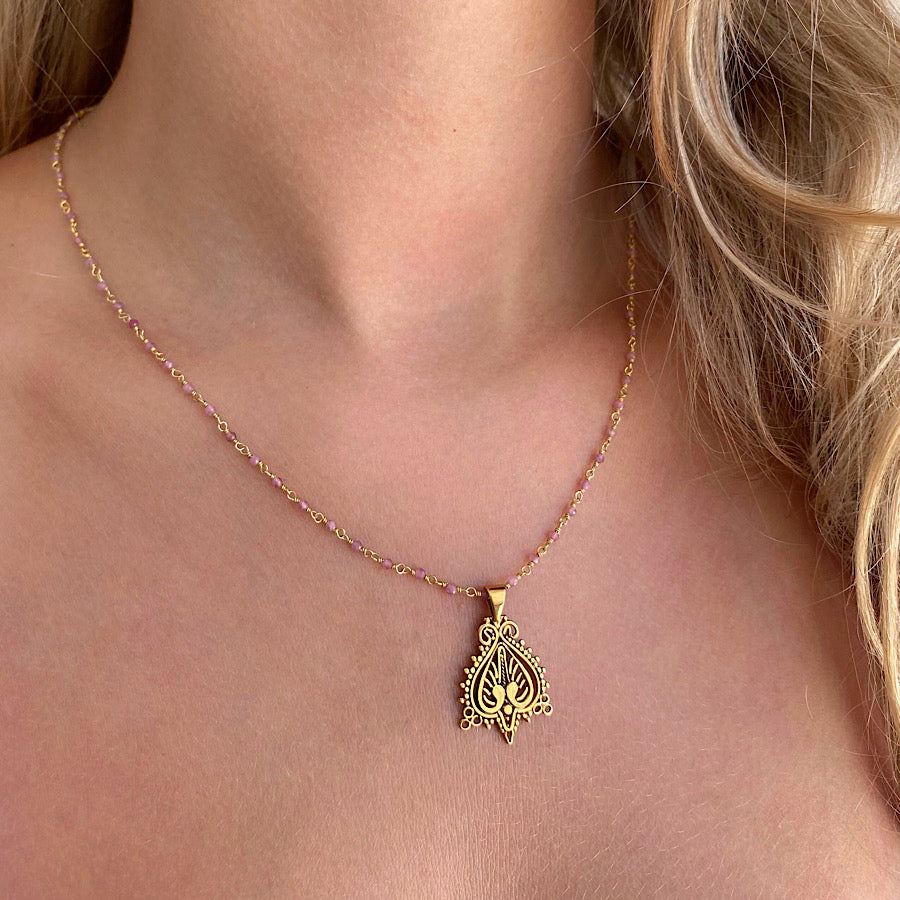 Filigree Love Heart necklace 18k Gold, handmade chain of Pink Tourmaline gemstones