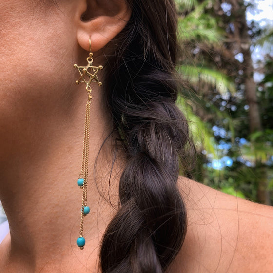 Merkaba sacred geometry Earrings brass chain & Turquoise