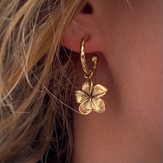 Handmade Hammered Loop Frangipani Flower Earrings 18k Gold