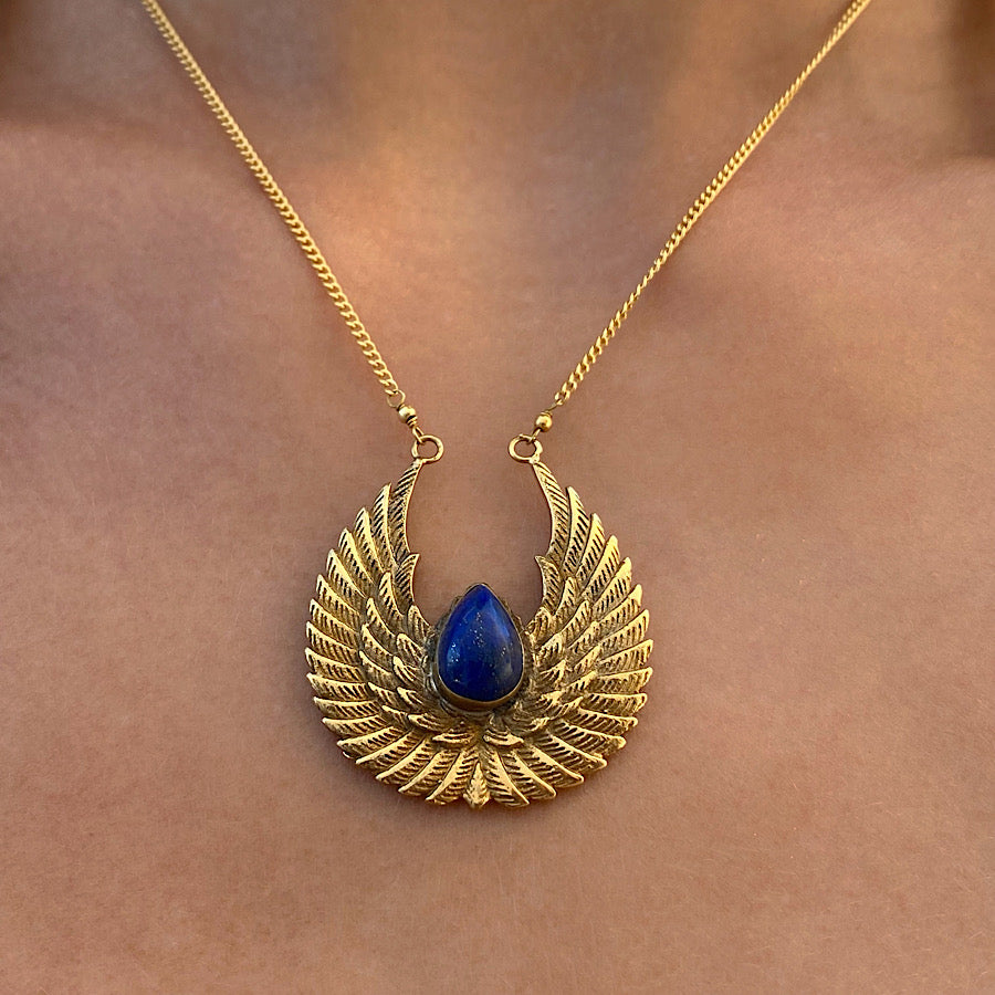Wings of Isis Goddess necklace 18k Gold pendant, Lapis Lazuli gemstone
