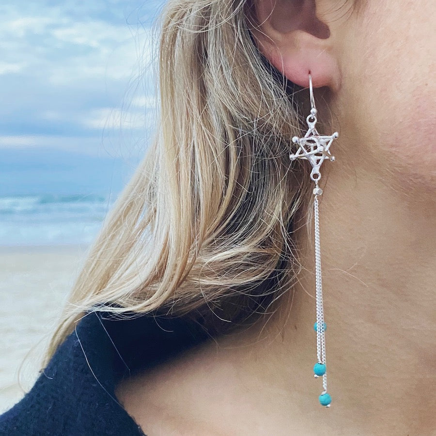 Merkaba Earrings Sacred Geometry Jewellery silver chain & Turquoise