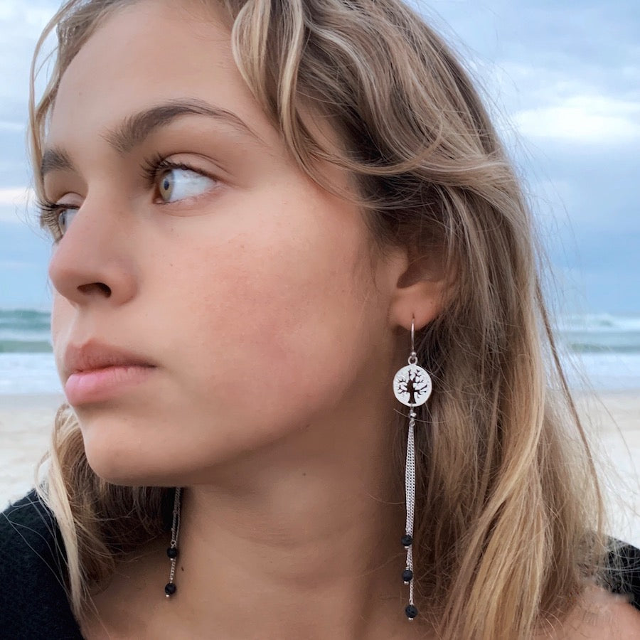 Tree of life Earrings silver chain & Lava Stone