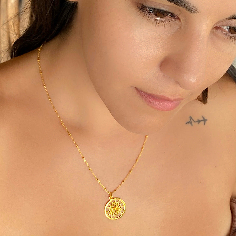 Solar Sun sacred geometry gold plated necklace with citrine centre