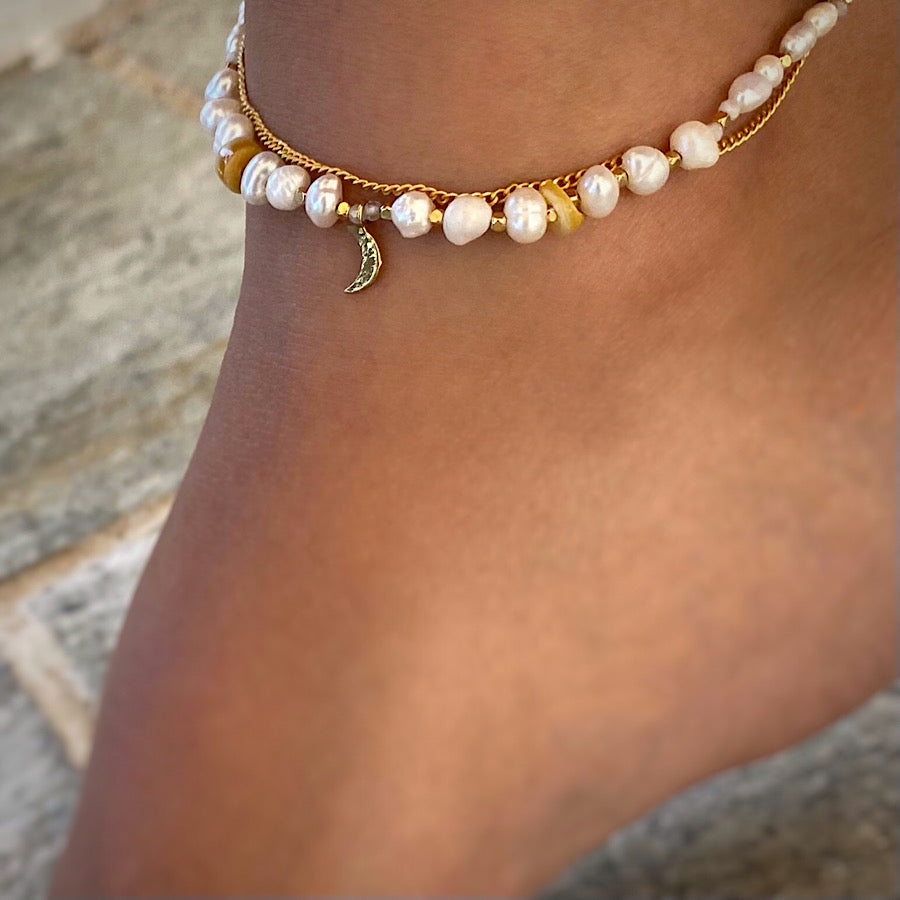 Pearl Anklet with gold chain and crescent moon charm