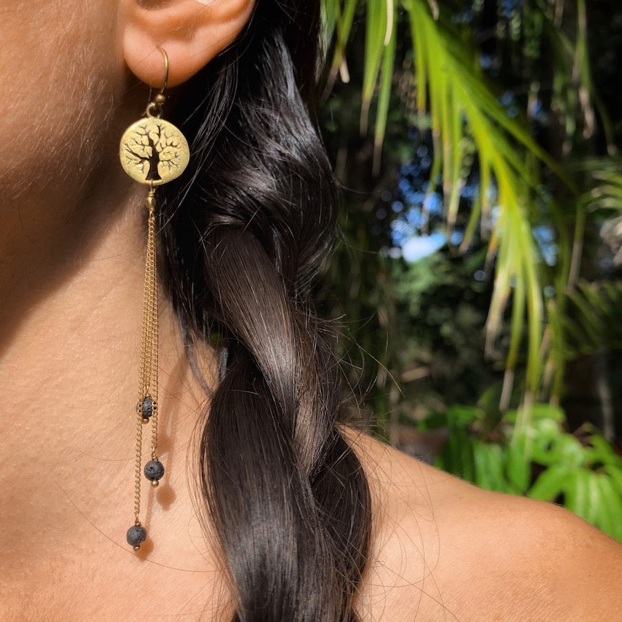 Tree of life Earrings brass chain & Lava Stone