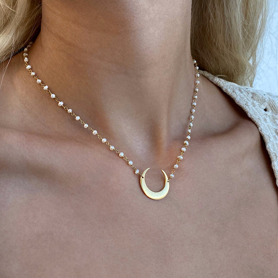 Crescent Moon pendant Gold necklace with handmade pearl chain