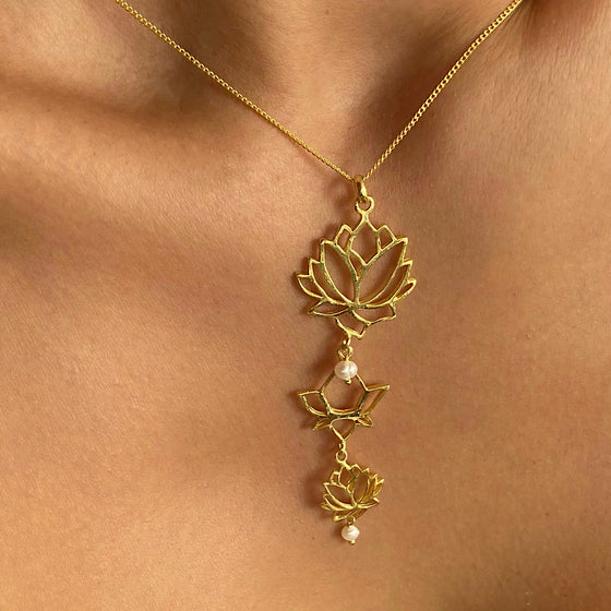 Gold triple Lotus linked Yoga Necklace with freshwater Pearls