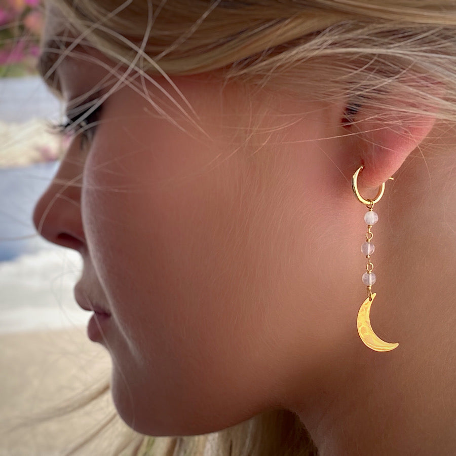 Small Hoop Earrings Crescent Moons 18k Gold plated with moonstone