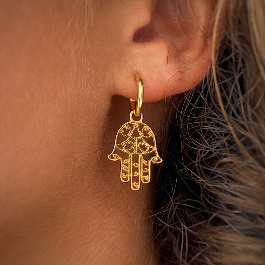 Small Hoop Hamsa Hand Earrings Gold plated Heart Mala Yoga Jewellery