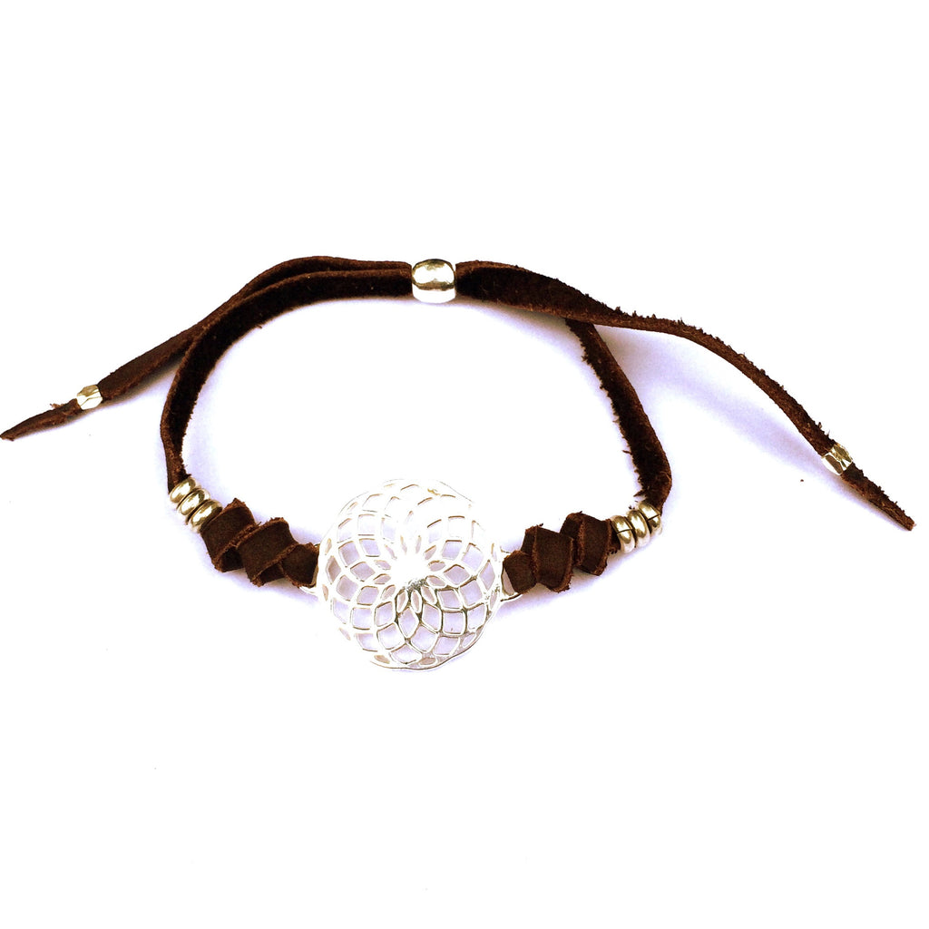 silver Sunflower Sacred Geometry charm bracelet on suede leather - Heart Mala