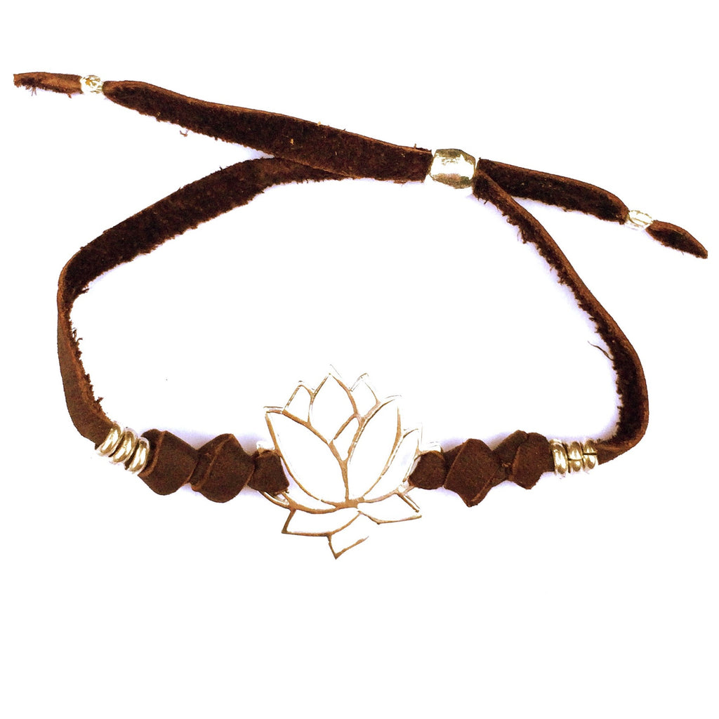 silver Lotus charm bracelet on suede leather - Heart Mala