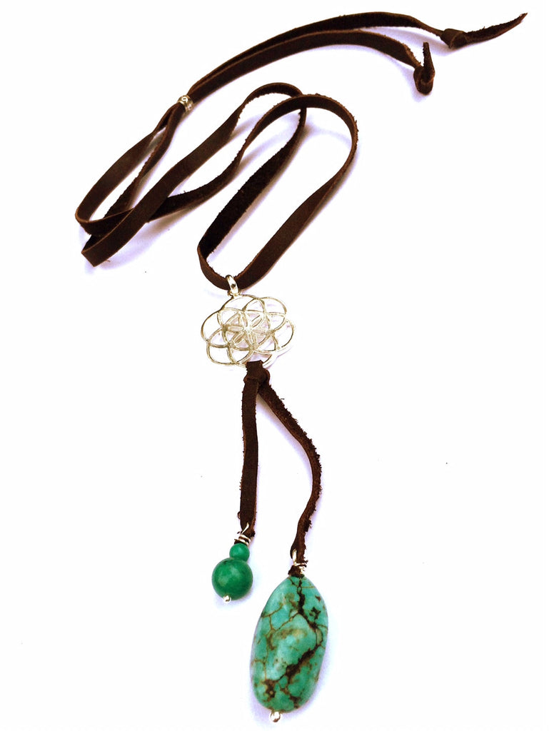 Silver Seed Of Life & Turquoise Boho Suede necklace - Heart Mala