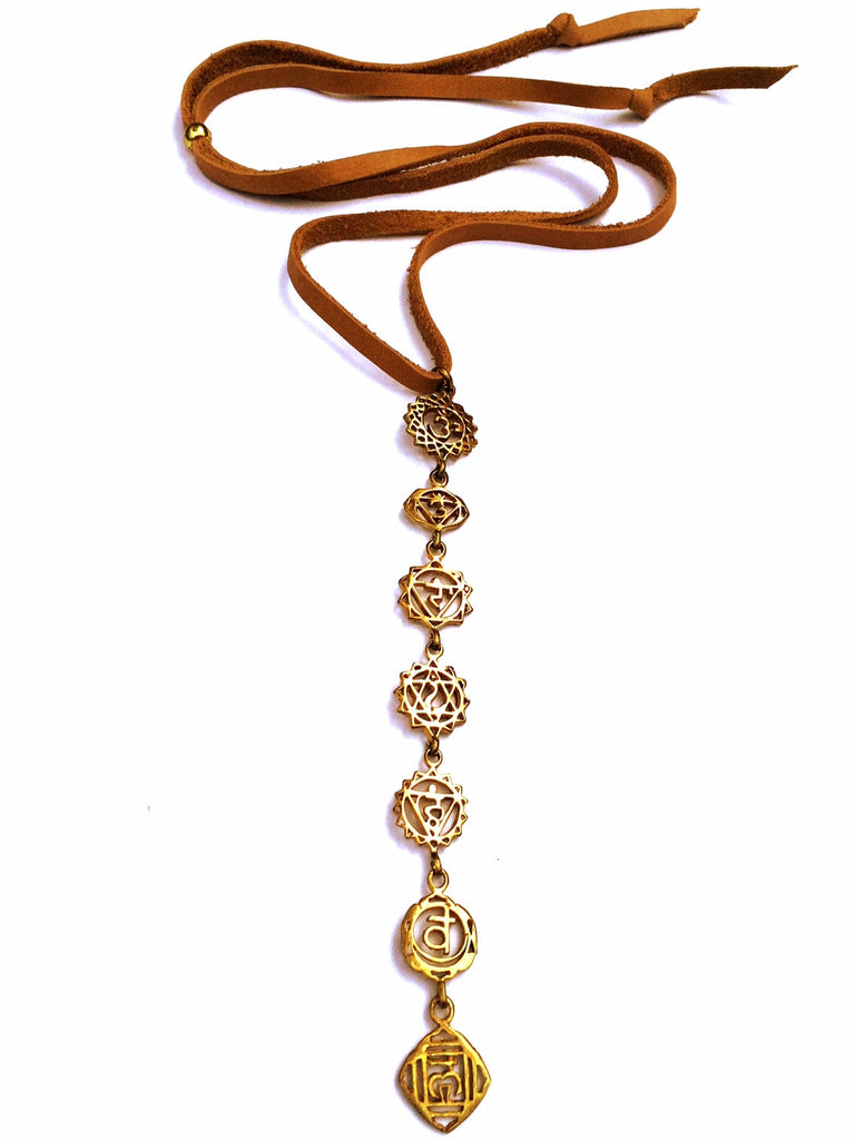 Brass Yoga Jewellery Chakra Necklace linked symbols on Suede - Heart Mala