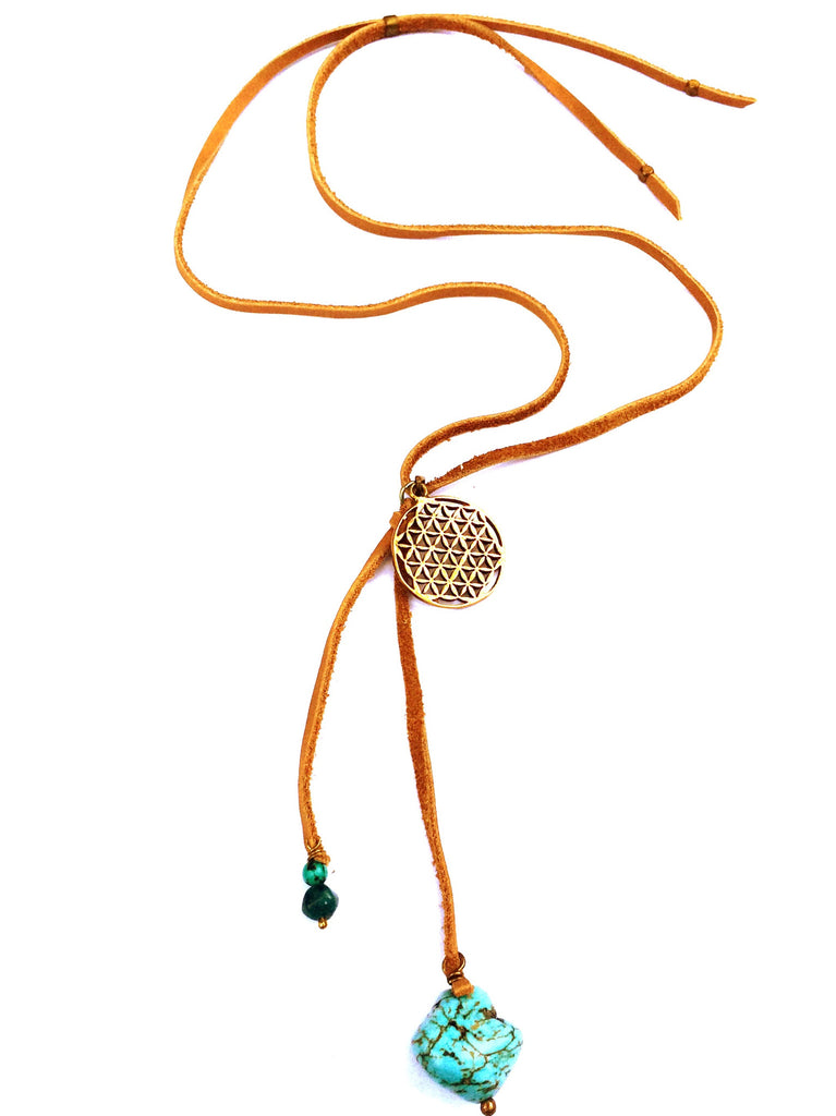 Brass Flower Of Life & Turquoise Boho Suede necklace - Heart Mala