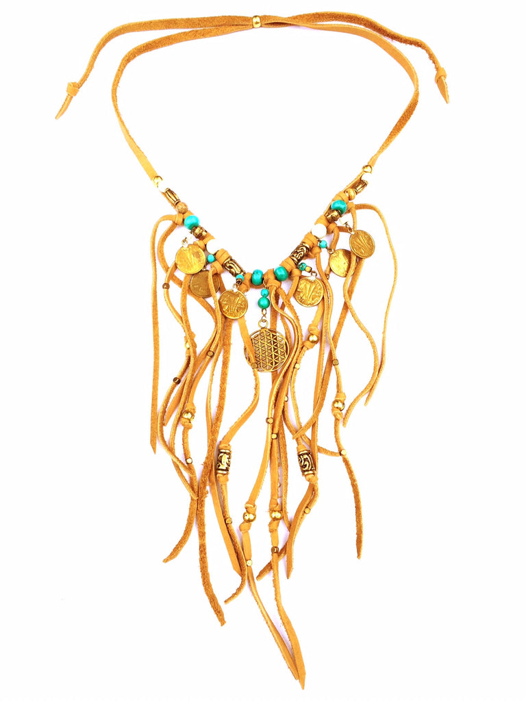 Tribal Boho Jewellery Suede Fringe Flower Of Life Necklace with Turquoise