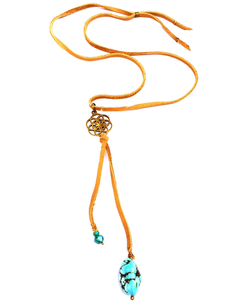 Brass Seed Of Life & Turquoise Boho Suede necklace - Heart Mala
