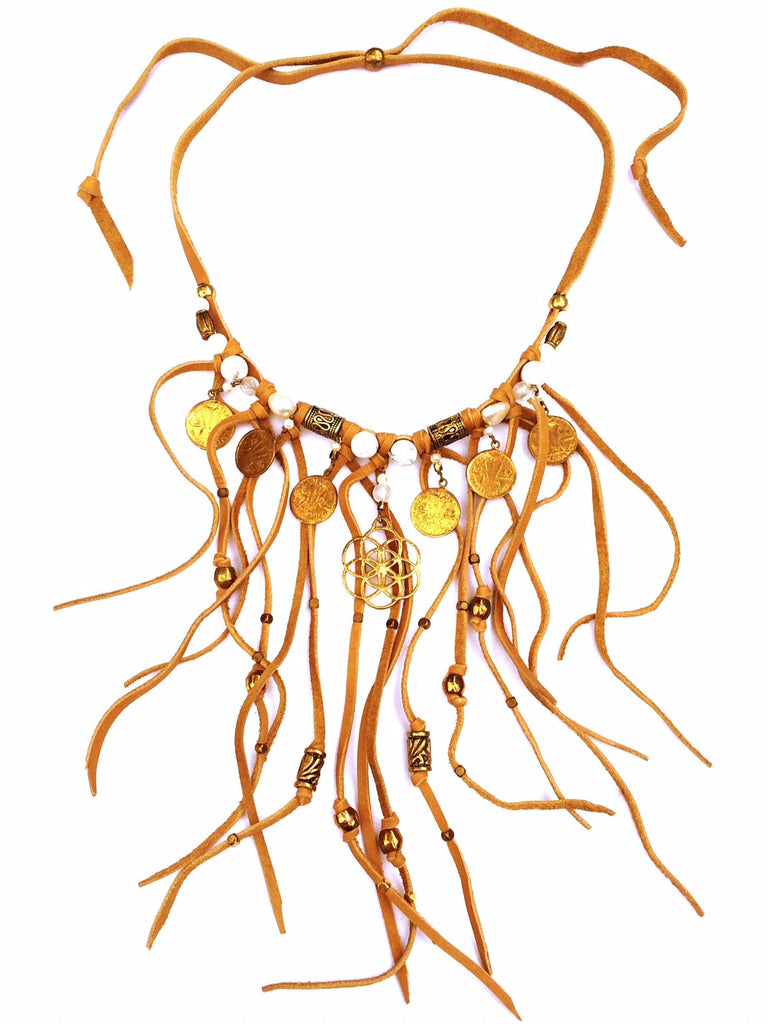 Tribal Boho Jewellery Suede Fringe Seed Of Life Necklace with Howlite