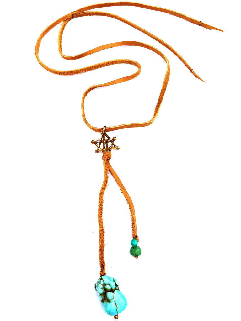 Brass Merkaba & Turquoise Boho Suede necklace - Heart Mala