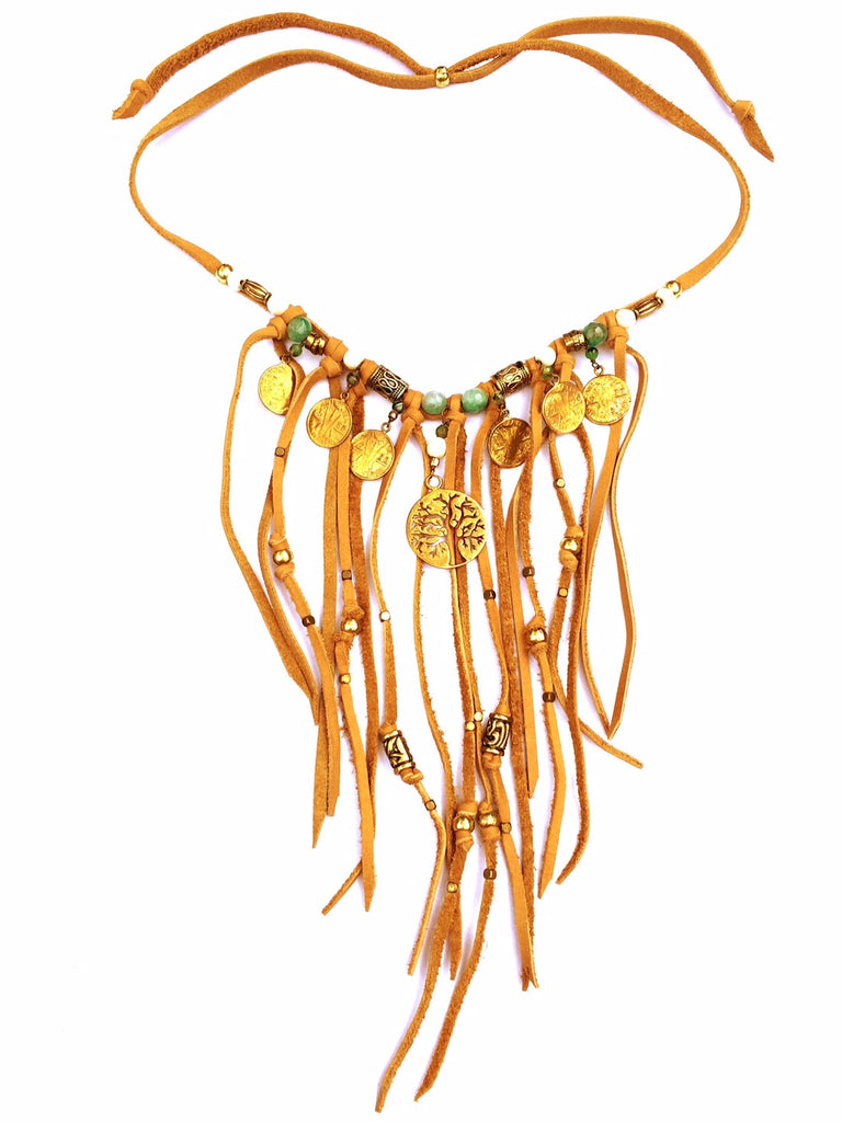 Tribal Boho Jewellery Suede Fringe Tree Of Life Necklace with Green Agate 
