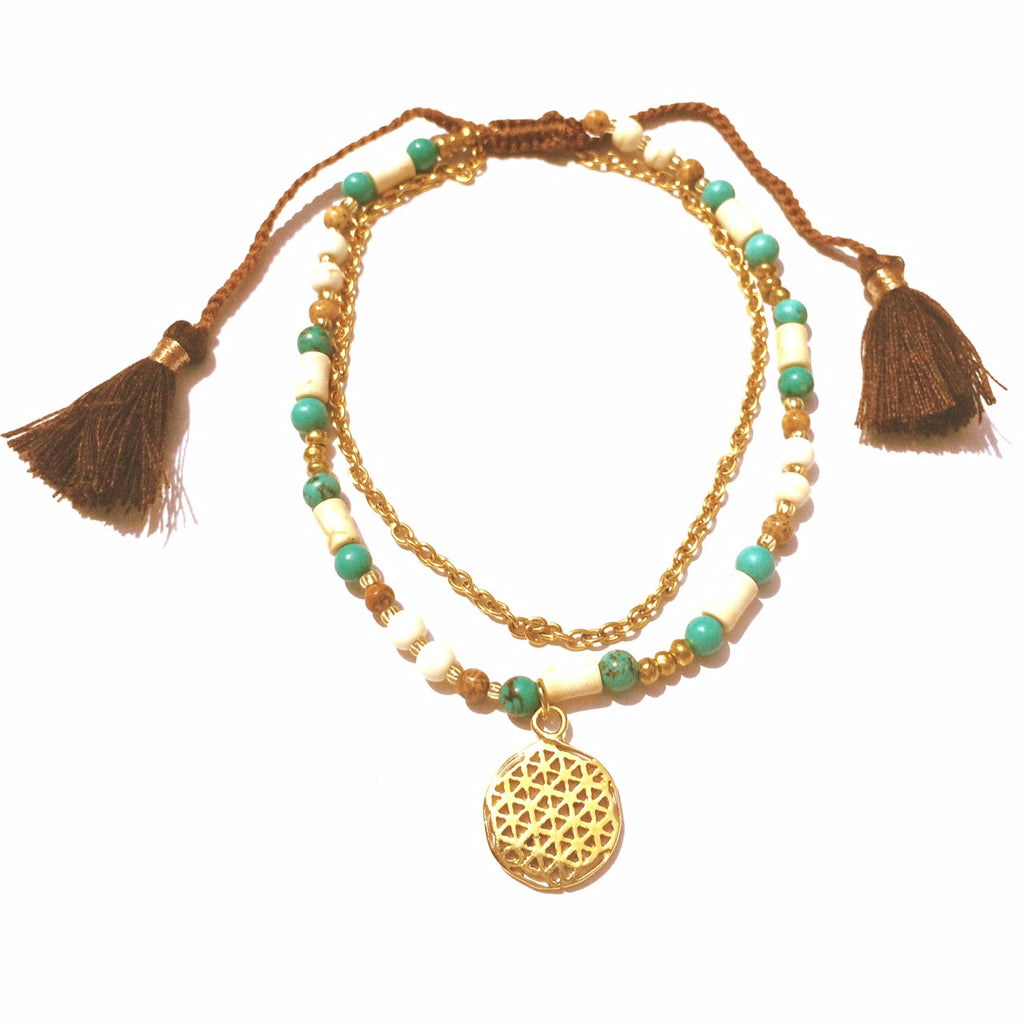 Flower Of Life sacred geometry Boho Anklet, handmade gemstones turquoise yoga jewellery