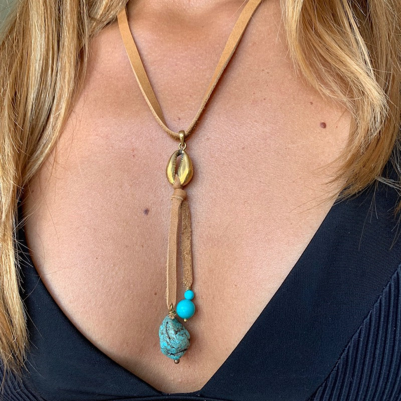 Brass Cowrie Shell Turquoise Boho Suede necklace