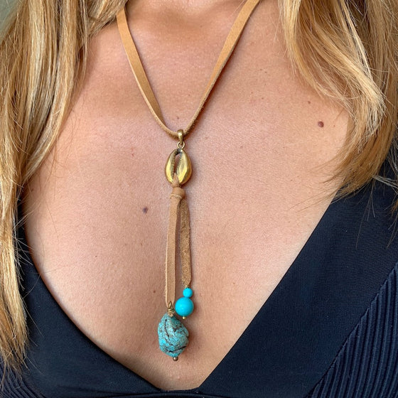 Brass Cowrie Shell Turquoise Boho Suede necklace