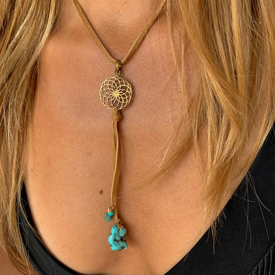 Brass Sunflower & Turquoise Boho Suede necklace