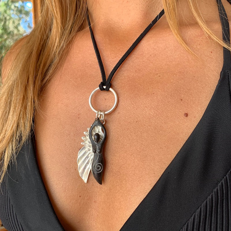 silver angel wing & carved goddess pendant on leather Necklace