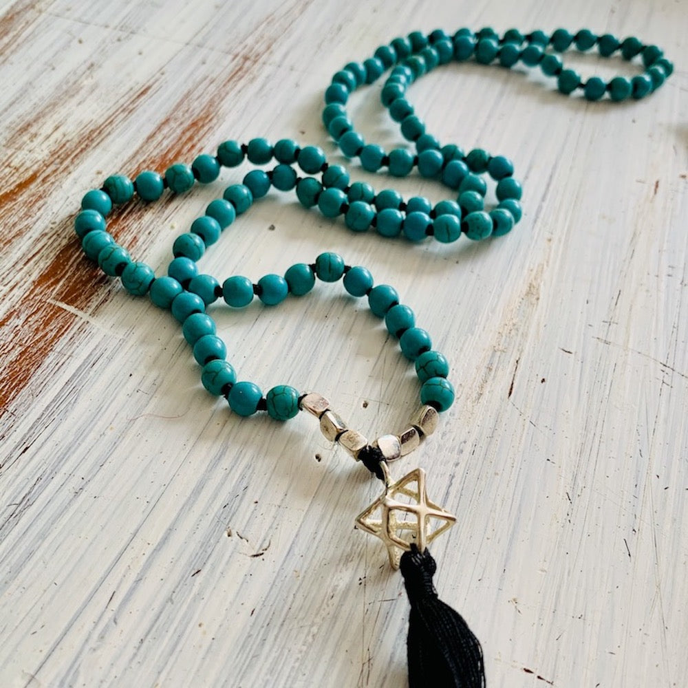 Turquoise Mala Beads yoga necklace MERKABA sacred geometry pendant