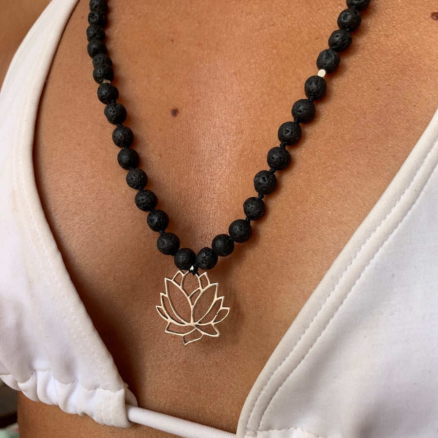 Lava Mala Prayer Beads yoga necklace silver Lotus pendant