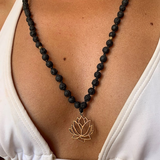 Lava Mala Prayer Beads yoga necklace brass Lotus pendant