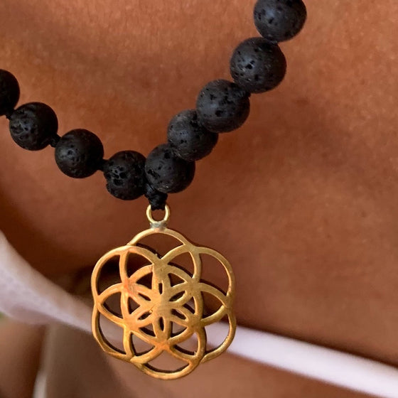 Lava Mala Prayer Beads yoga necklace brass Seed Of Life sacred geometry pendant