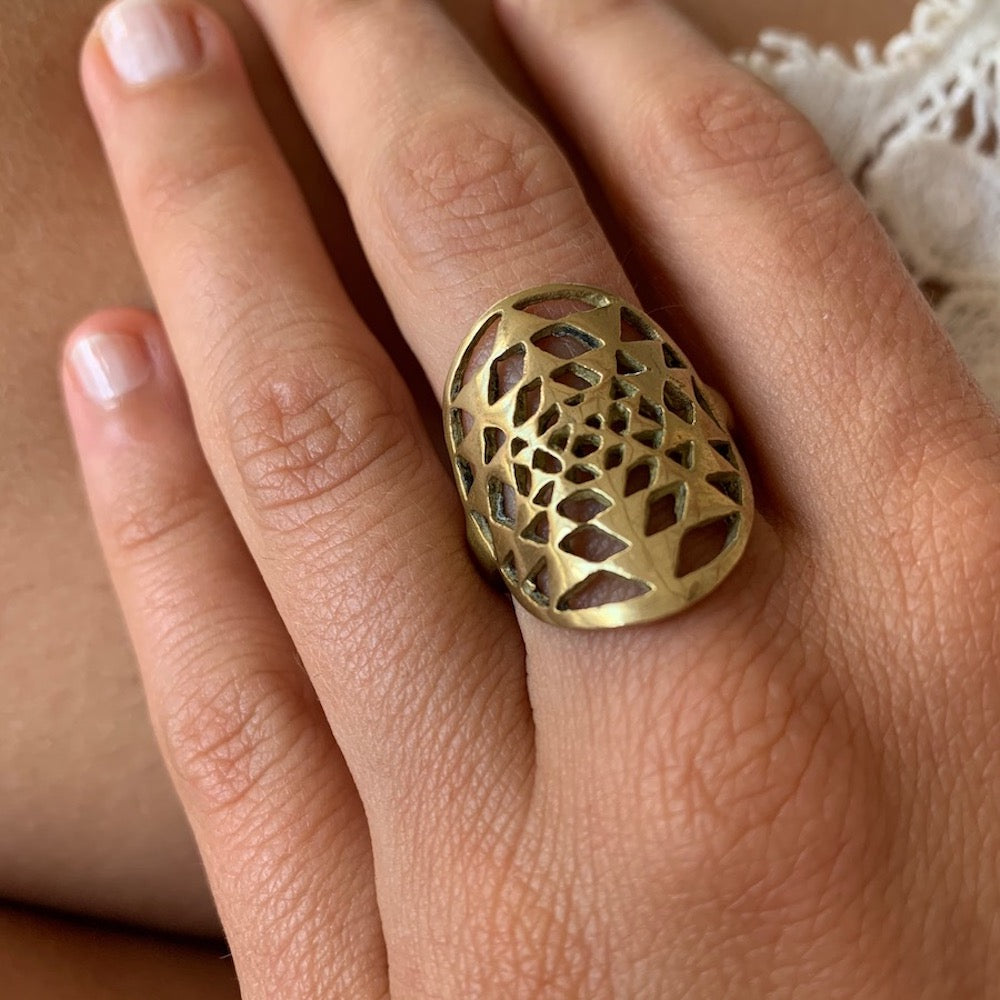 Sri Yantra Ring | Adjustable Ring | Golden Ring – Crystal Heal