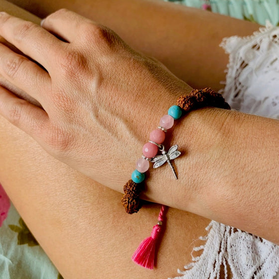 Dragonfly wrist mala yoga bracelet, rudraksha, gemstones