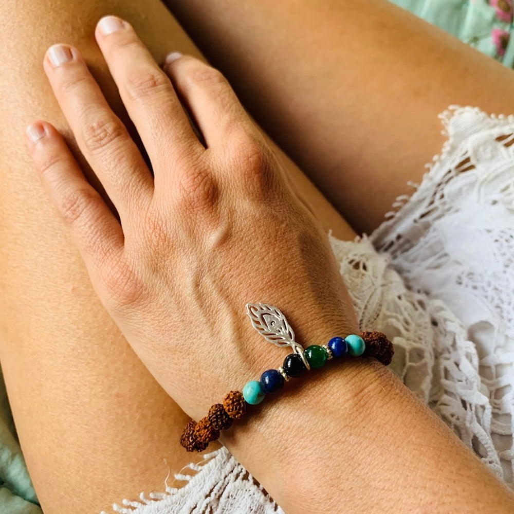 feather wrist Mala Beads yoga bracelet, rudraksha, turquoise, lapis, jade