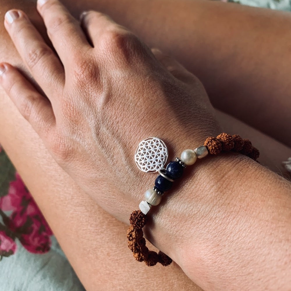 Flower of life wrist Mala Beads yoga bracelet, rudraksha, pearl, lapis lazuli