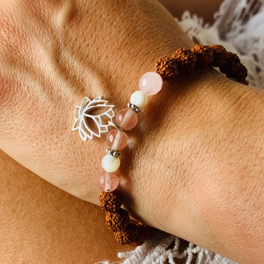 lotus wrist Mala Beads yoga bracelet, rudraksha, rose quartz, mother of pearl