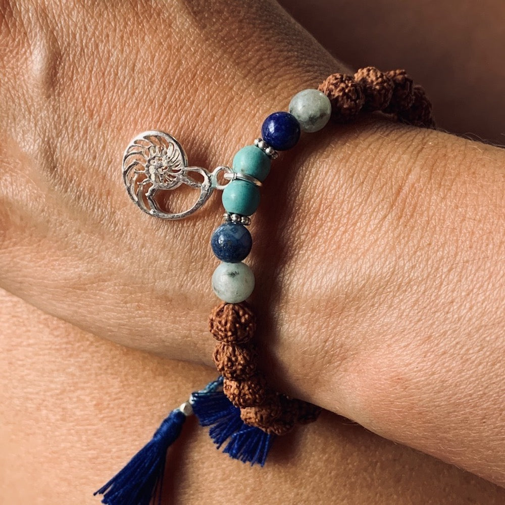 Nautilus shell wrist Mala Beads yoga bracelet, rudraksha, lapis lazuli, turquoise