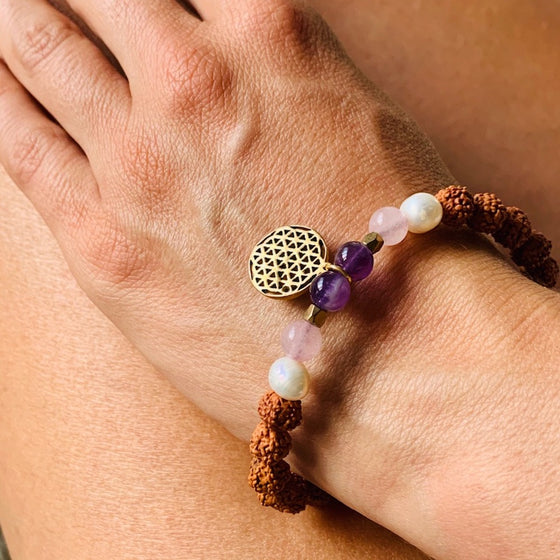 Flower of life wrist Mala Beads yoga bracelet, rudraksha, pearl, rose quartz, amethyst
