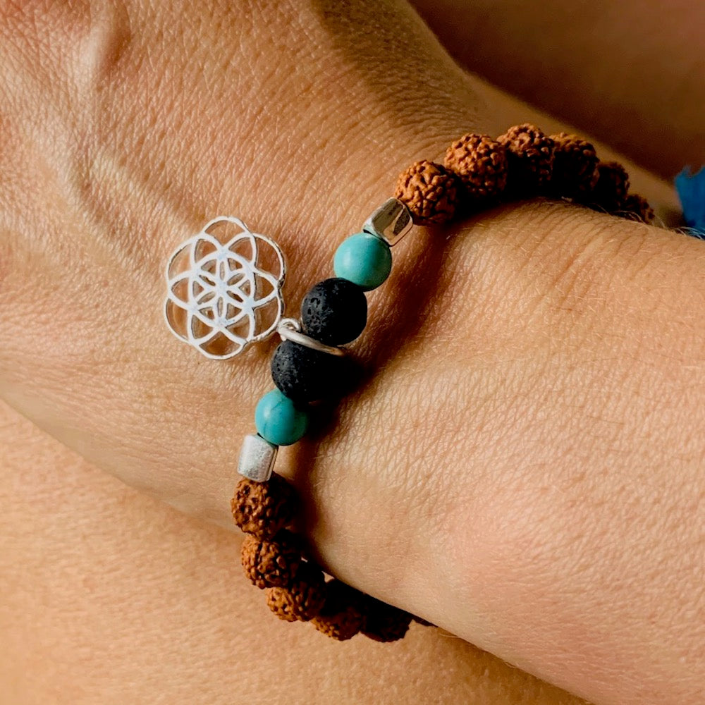 Seed of life wrist Mala Beads yoga bracelet, rudraksha, turquoise, lava