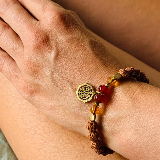 Sri yantra sacred geometry wrist Mala Beads yoga bracelet, rudraksha, citrine, carnelian agate