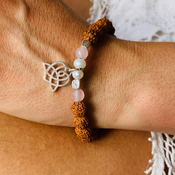 Celtic heart wrist Mala Beads yoga bracelet, rudraksha, rose quartz, pearl