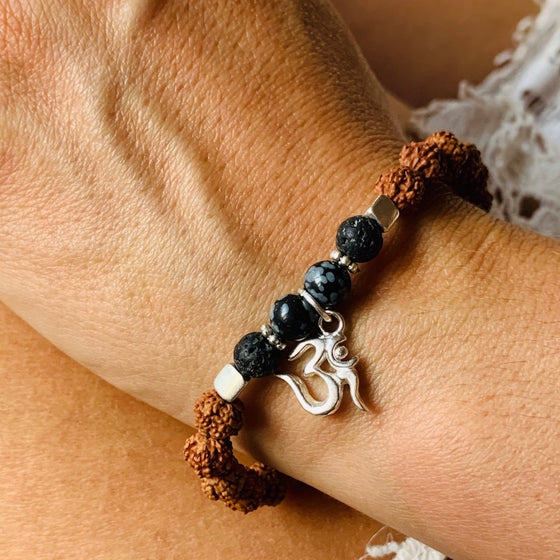 OM wrist Mala Beads yoga bracelet, rudraksha, lava, snowflake obsidian